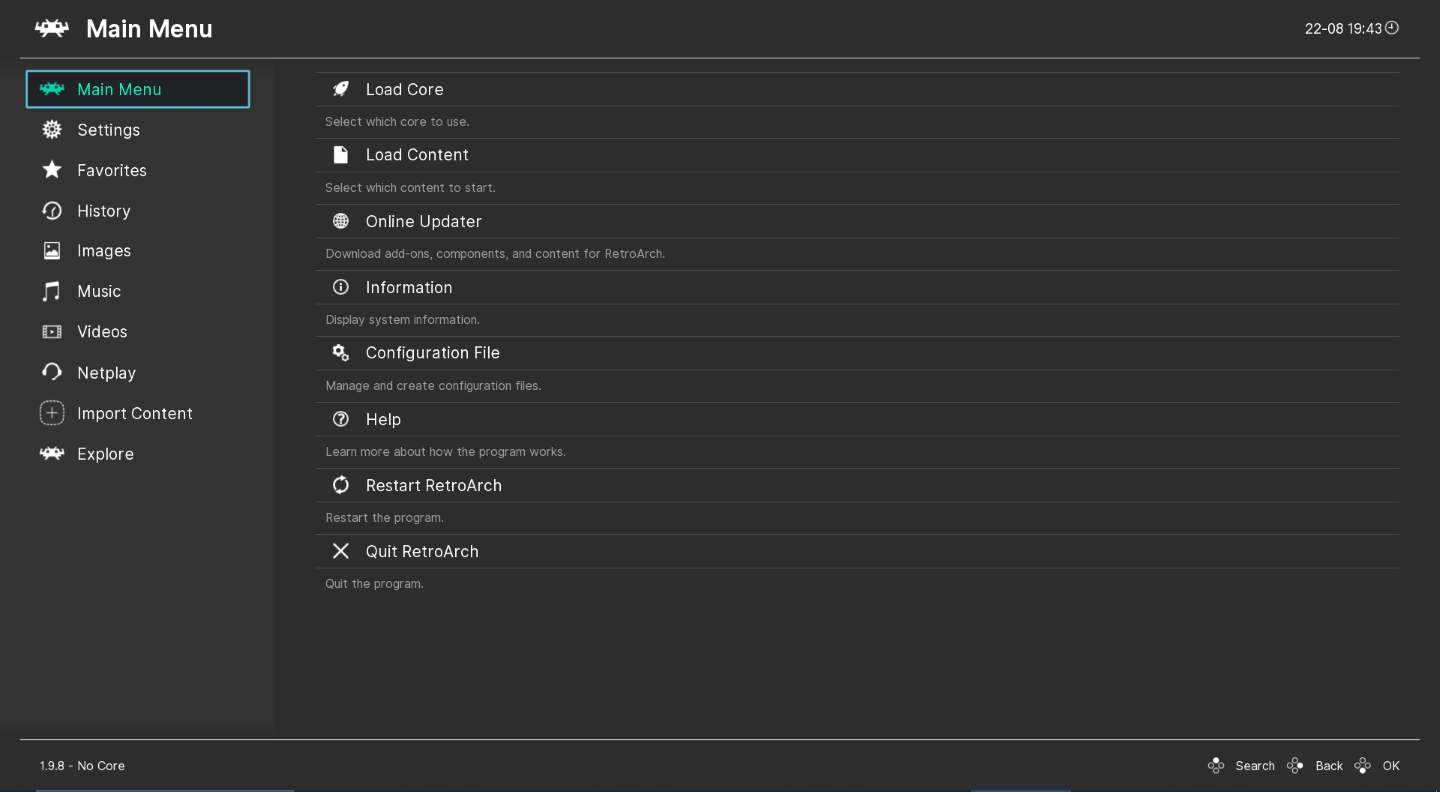 Menu principal de Reroarch