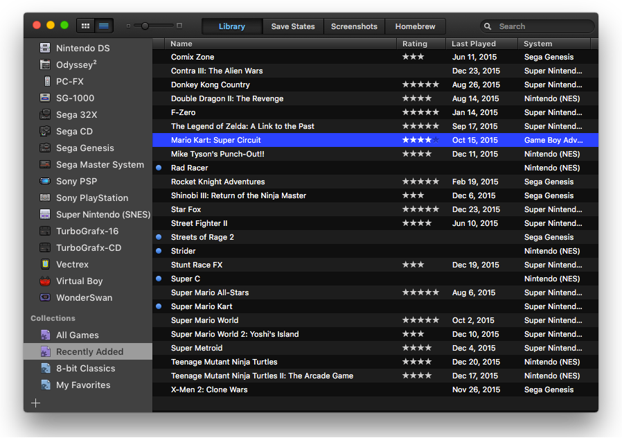 Collection "ajoutés récemment" dans OpenEmu